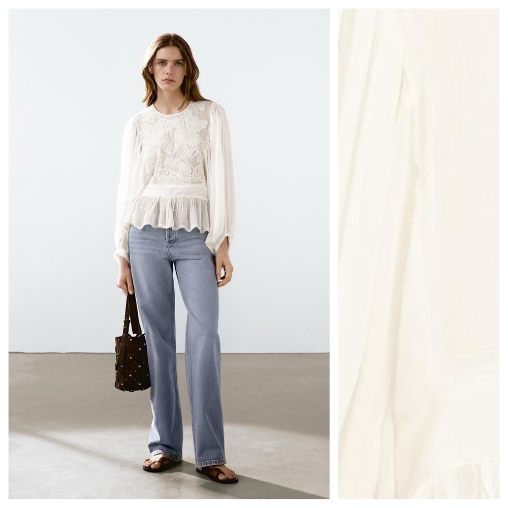 NWT. Massimo Dutti Cream Flowing Basque Embroidery Blouse. Size S.